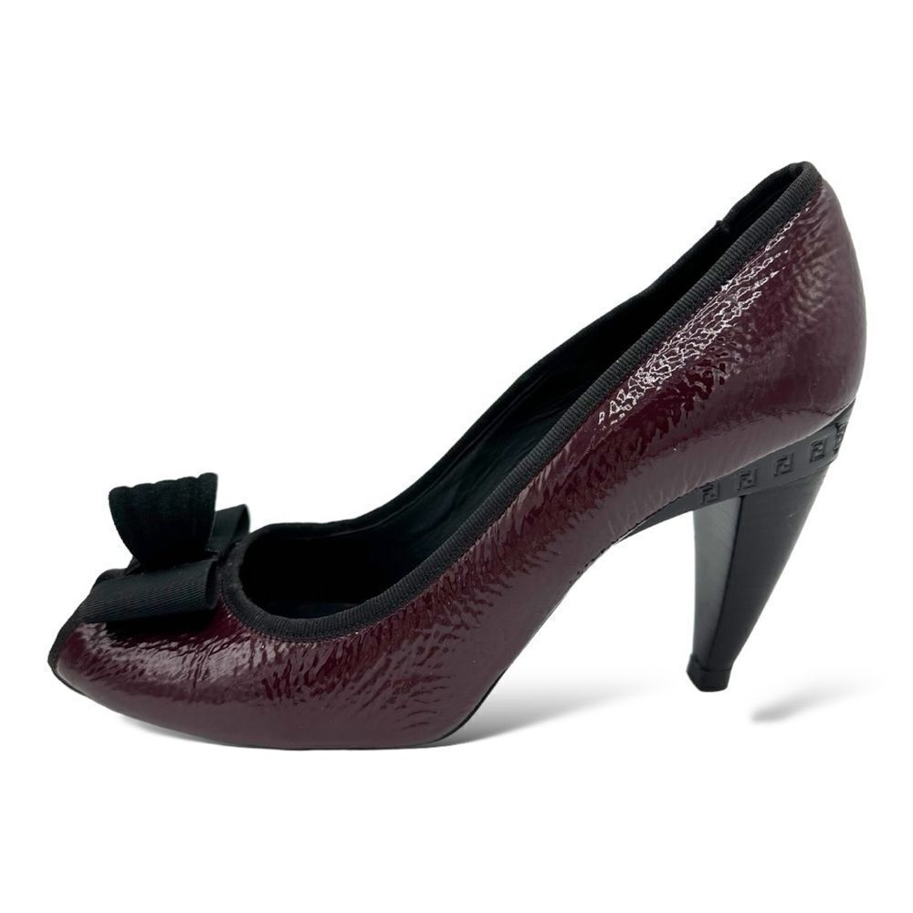 Fendi Burgundy Textured Patent Peep Toe Pumps w/Bow Grosgrain Bow Sculptured 7M‎